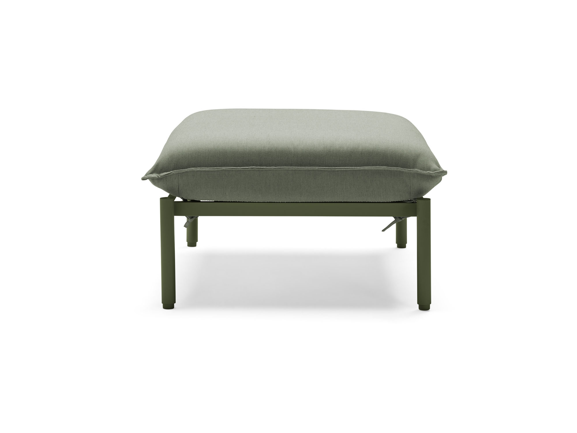 Vue de face du pouf extérieur avec coussins et pieds verts